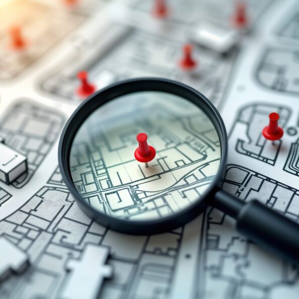 Urban planner examines map with magnifying glass to find suitable plot for residential construction project. Searching vacant land for development. Concept of real estate investment, land management.