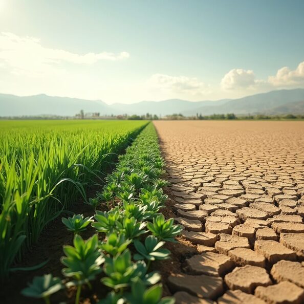 Striking contrast between rich green agriculture, cracked dry earth. Powerful visual of environmental imbalance, climate change impact, farming challenges. Image speaks to sustainability efforts,