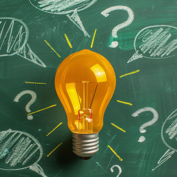 Yellow Light Bulb with Question Mark Speech Bubbles on Green Chalkboard